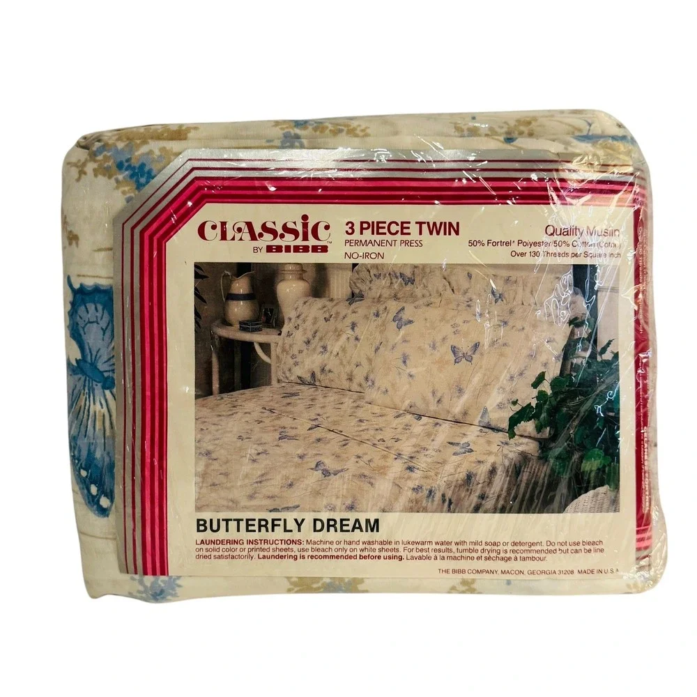Bibb Classic Butterfly Dream 3 Piece Twin Sheet Set Blue Beige 80s 90s No‎ Iron